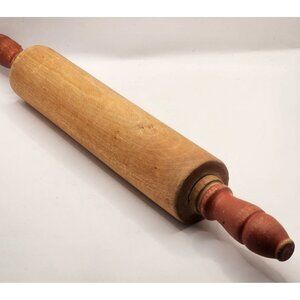 Primitive Wood Rolling Pin - Red handles - 17" total length - 10" roller